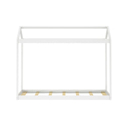 House-shaped white metal bed frame for kids with wooden slats.