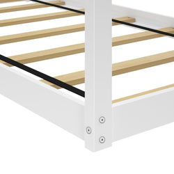 White wooden bed frame with slatted base and metal fittings.