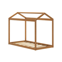 Wooden house-shaped bed frame for kids' bedroom.