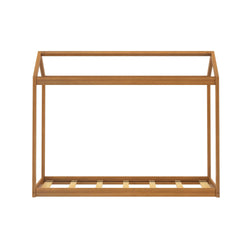 Wooden house-shaped bed frame for children's bedroom decor.