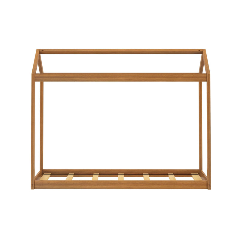 Wooden house-shaped bed frame for children's bedroom decor.