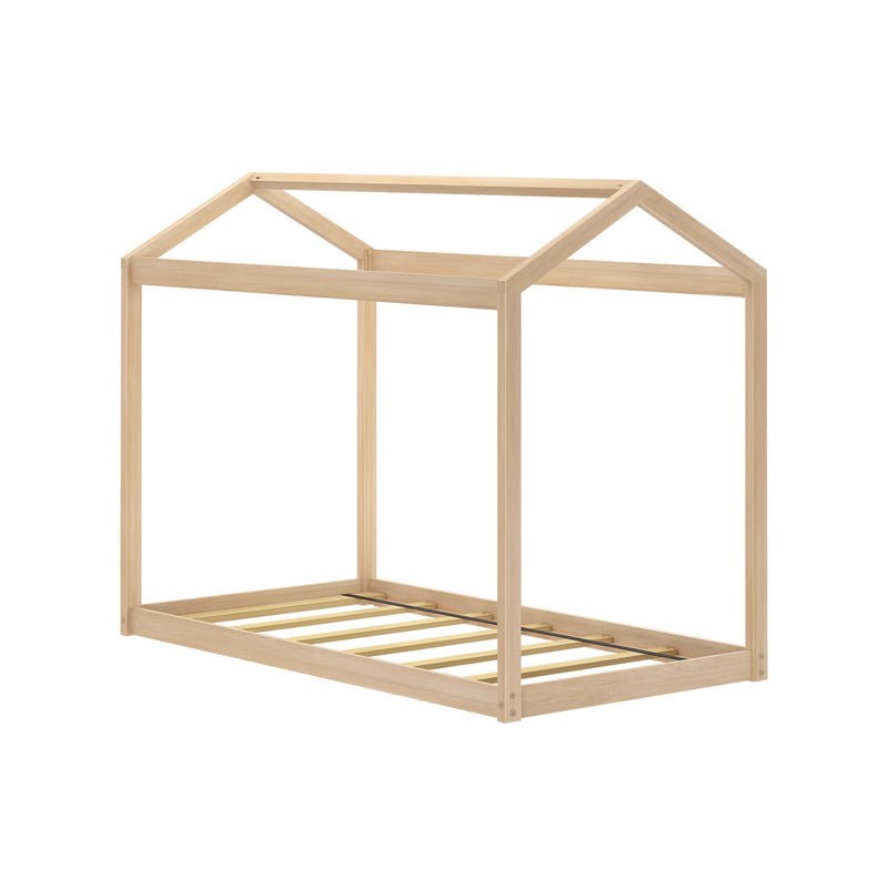 Light natural wood house-shaped twin bed frame with peaked roof canopy and slatted mattress base, minimalist kids bedroom furniture