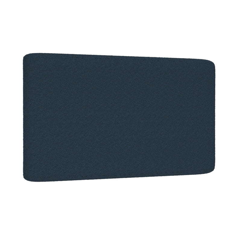 Close-up of navy blue textured fabric rectangle with rounded corners on a white background