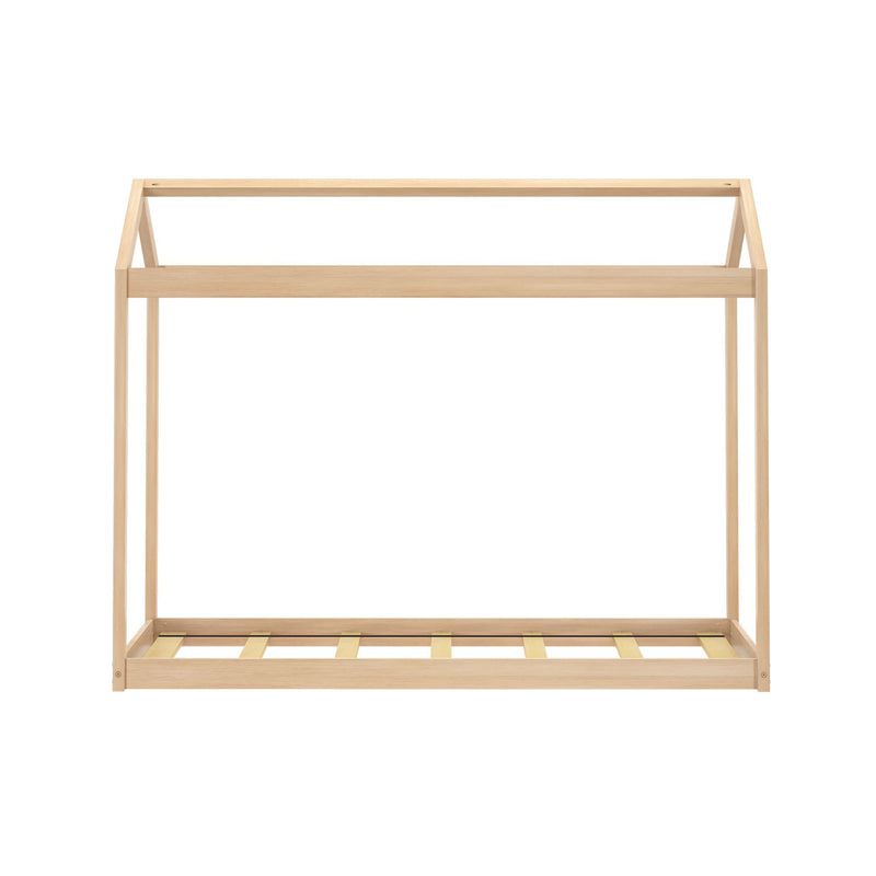 Natural wood single bed frame with house-shaped canopy and slatted base, minimalist Scandinavian-style children's bed