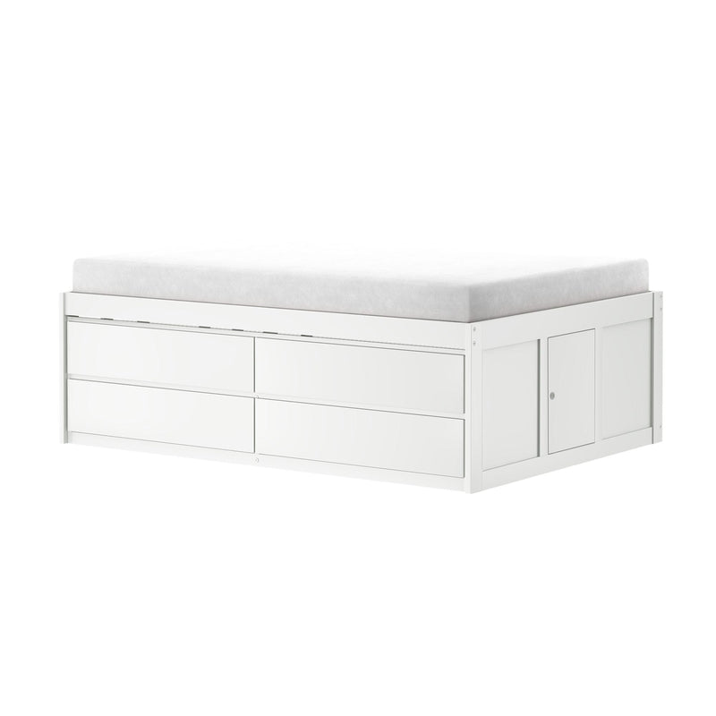 White twin mattress on white wooden storage platform bed with multiple drawers and built-in cabinet, modern kids bedroom storage solution
