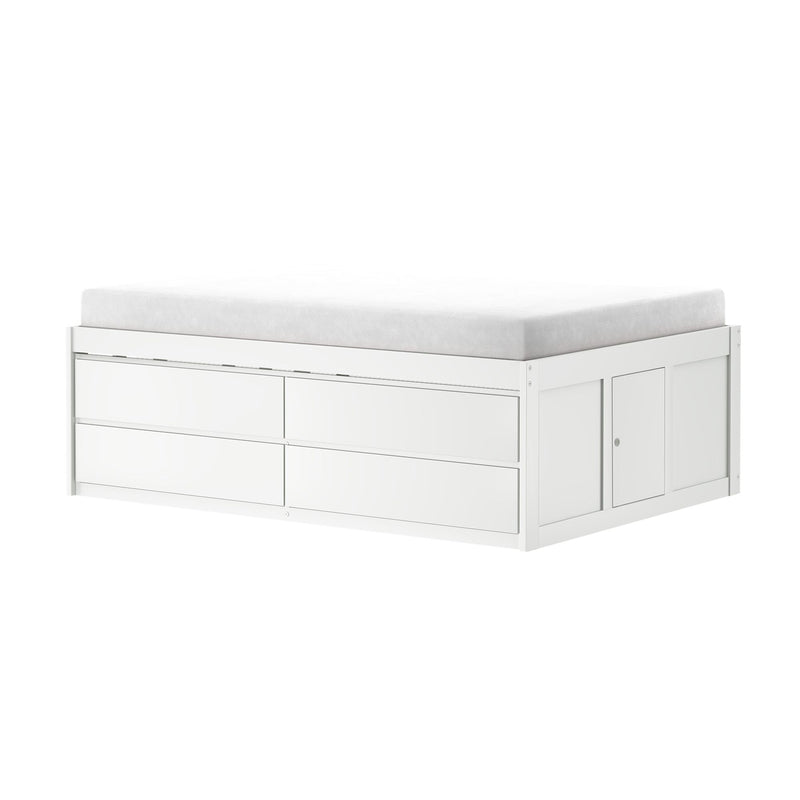 Modern white platform storage bed with mattress and built-in drawers, minimalist wooden bedroom furniture