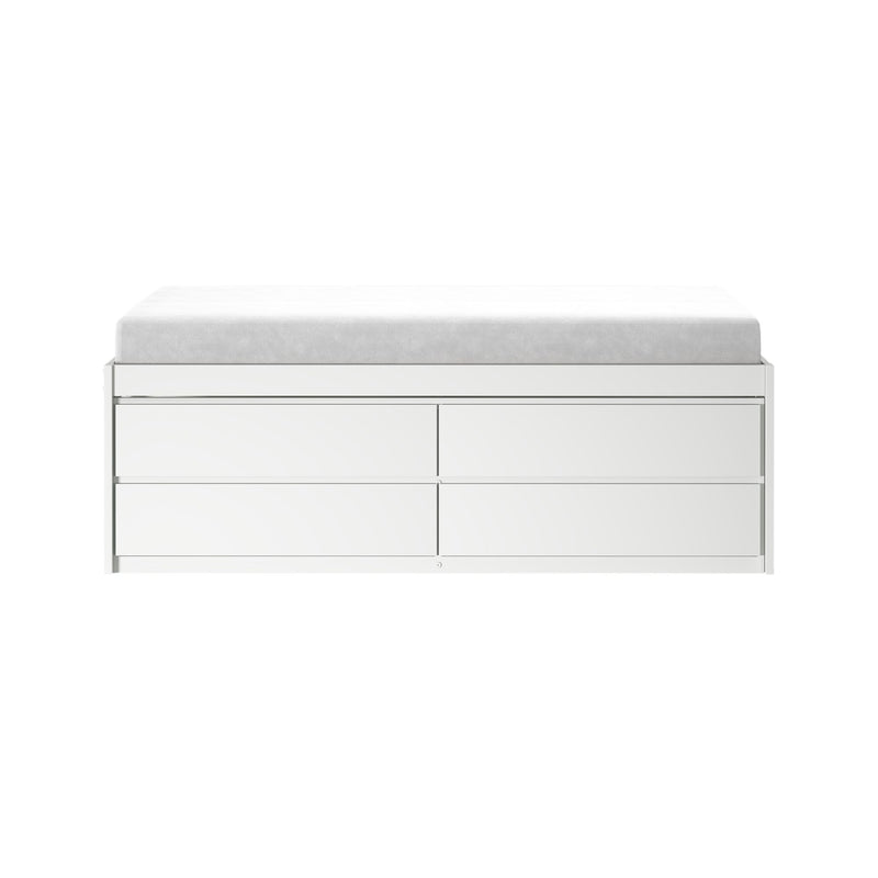 Modern white six-drawer dresser with light gray changing pad on top, minimalist nursery changing table and storage unit