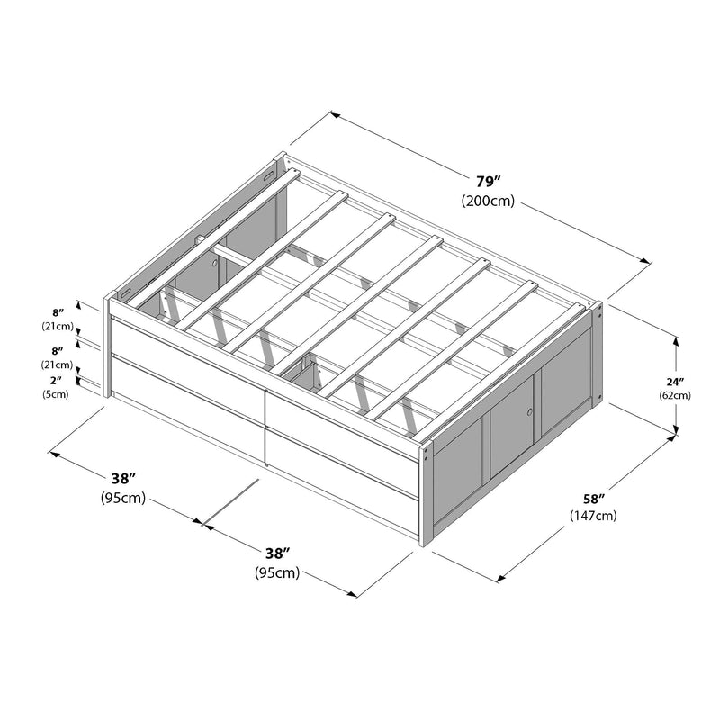 Platform bed frame assembly diagram showing wooden slats, built-in storage drawers and measurements 79″ (200cm) long × 58″ (147cm) wide × 24″ (62cm) high