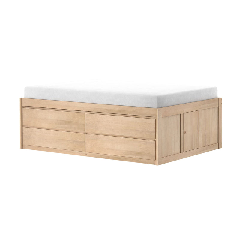 Light wood platform storage bed with white mattress topper, built-in drawers and side cabinet, modern space-saving bedroom furniture