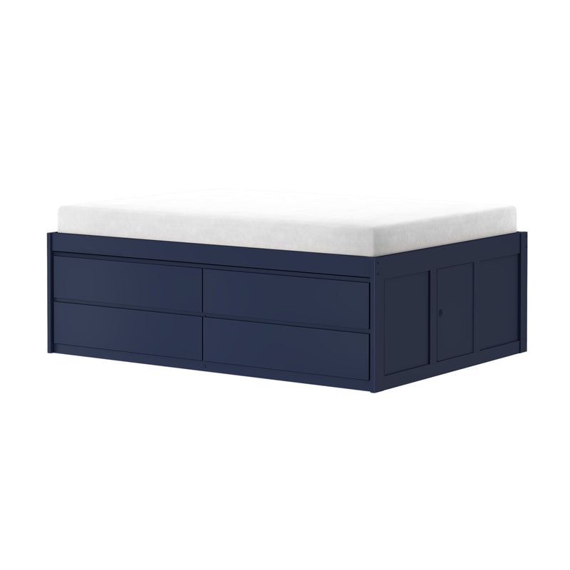 White memory foam mattress on navy blue wooden storage platform bed with built-in drawers, modern space-saving bedroom furniture