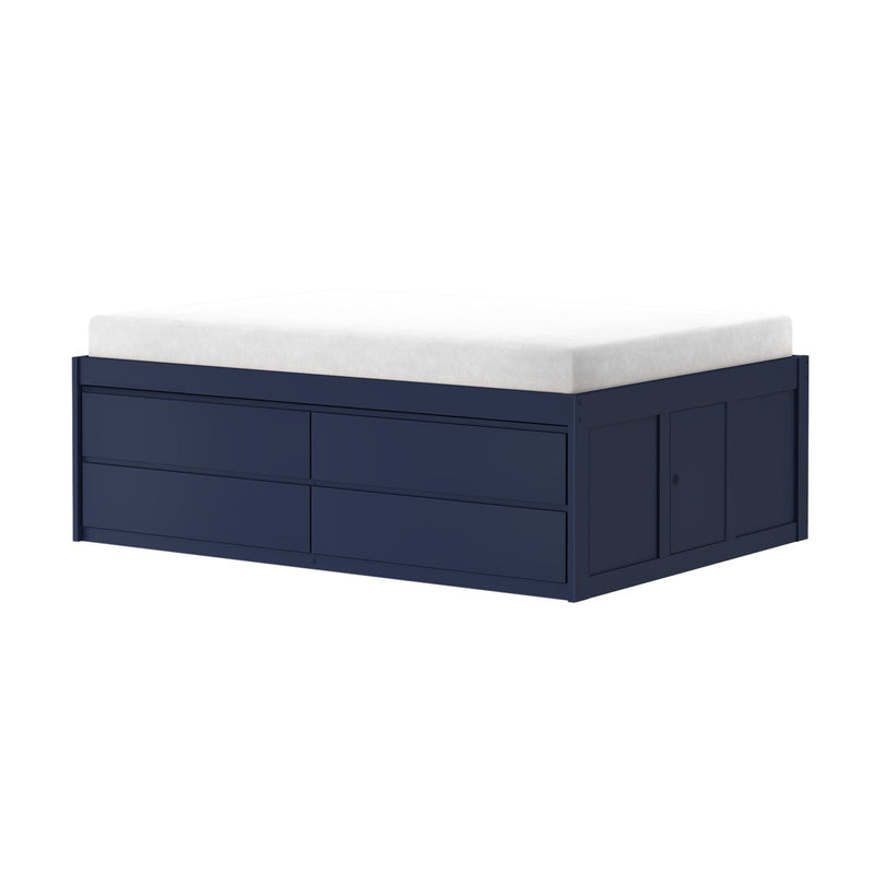 White memory foam mattress on navy blue wooden storage platform bed with built-in drawers, modern space-saving bedroom furniture