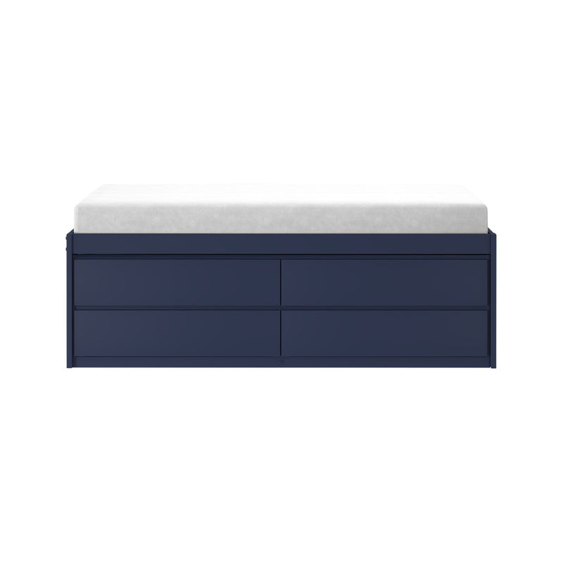 Modern navy blue storage dresser with white mattress topper and multiple drawers, modern bedroom furniture isolated on white background