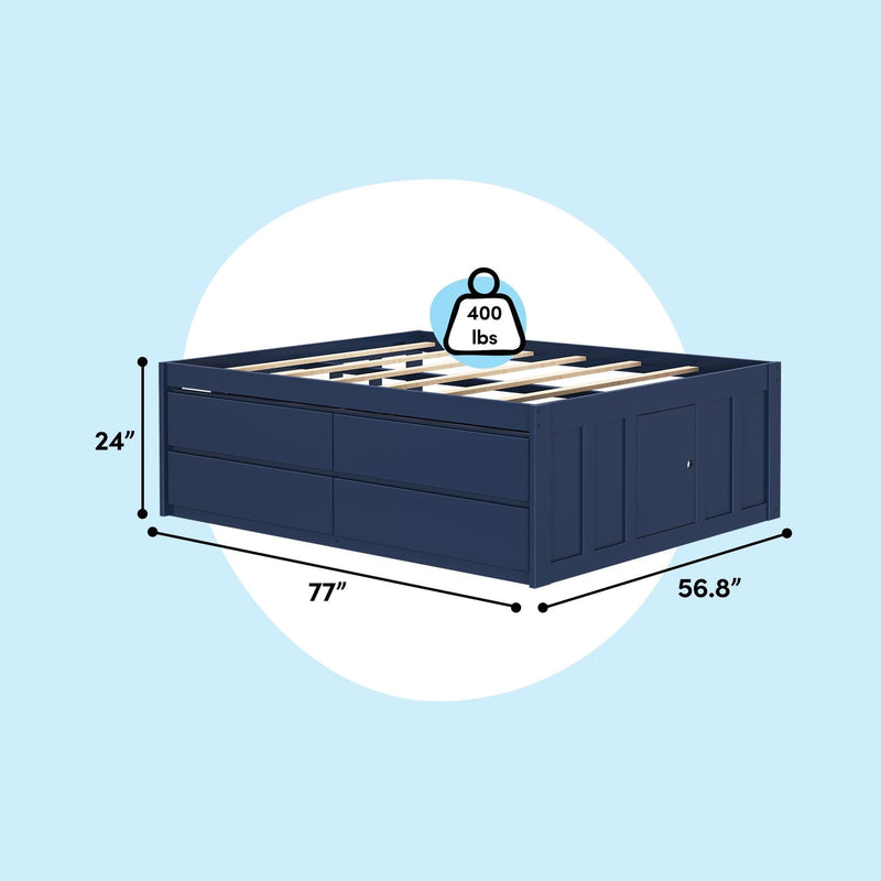 Navy blue storage platform bed with three drawers, wooden slat mattress support and 400 lb weight capacity, dimensions 77 in × 56.8 in × 24 in on a light blue background