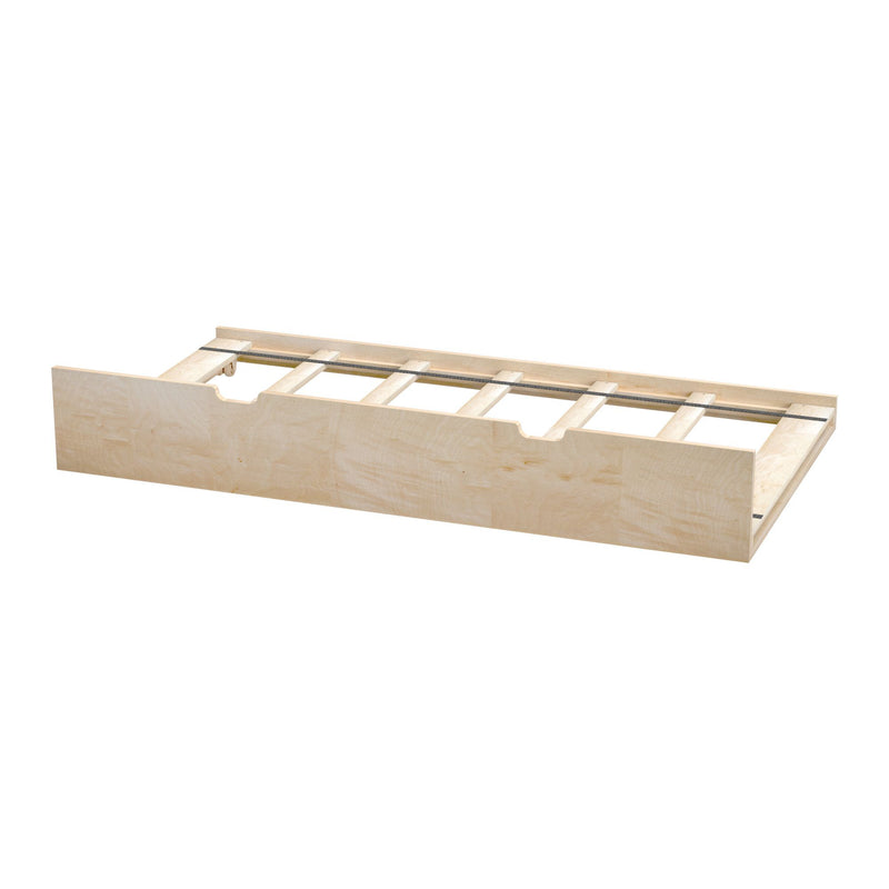 Plywood slatted platform bed base in light birch finish with integrated side panels and metal support rail, sturdy mattress foundation for platform and storage beds