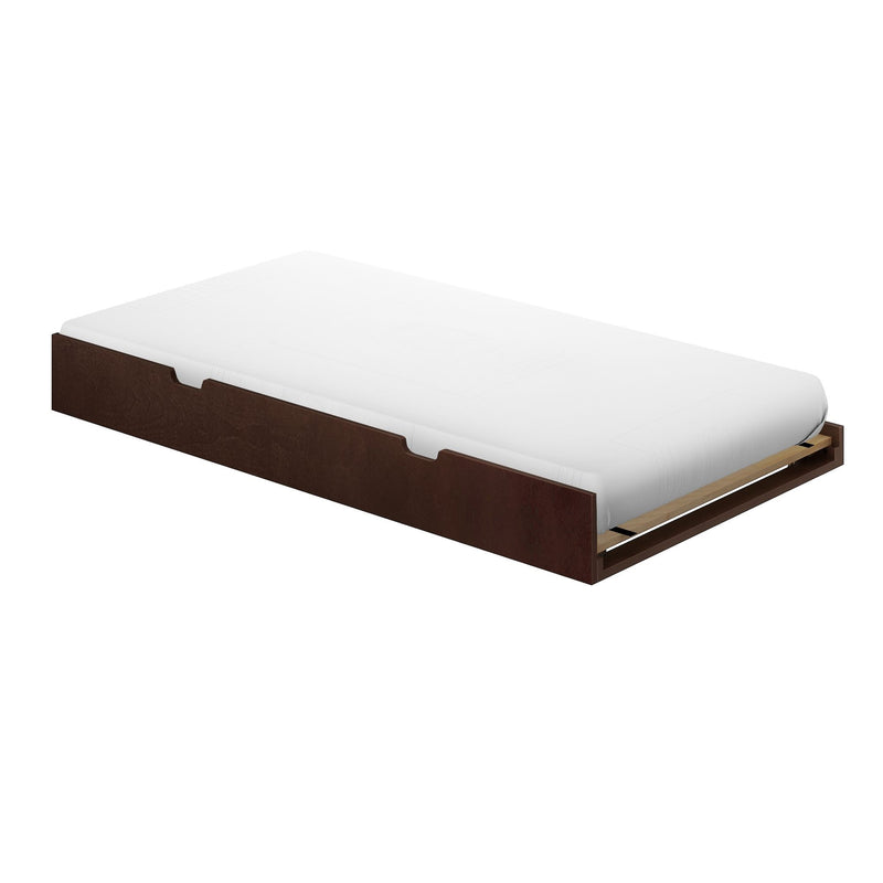 Dark brown wooden low-profile platform bed frame with white mattress and visible slatted base, modern minimalist bedroom furniture