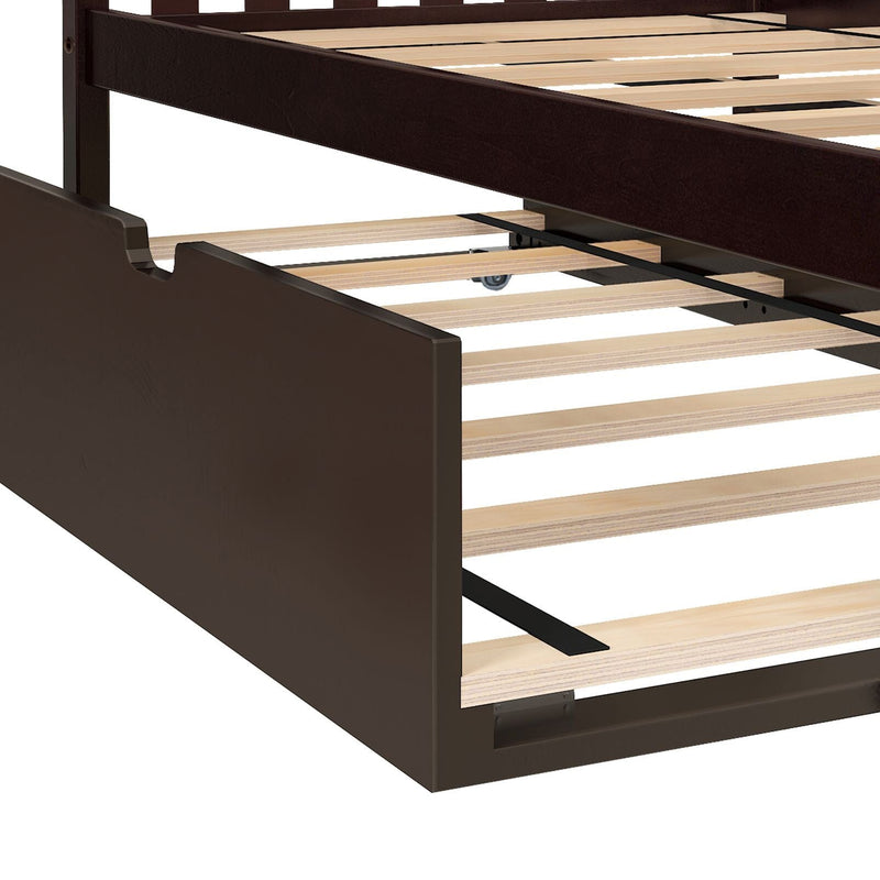 Chocolate brown wooden platform bed with under-bed pull-out trundle on casters and light wood slat supports