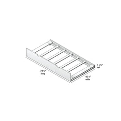 Wooden storage drawer dimensions, designed for bed frames, measuring 74 1/2 inches long, 11 3/4 inches tall, and 40 3/4 inches wide.