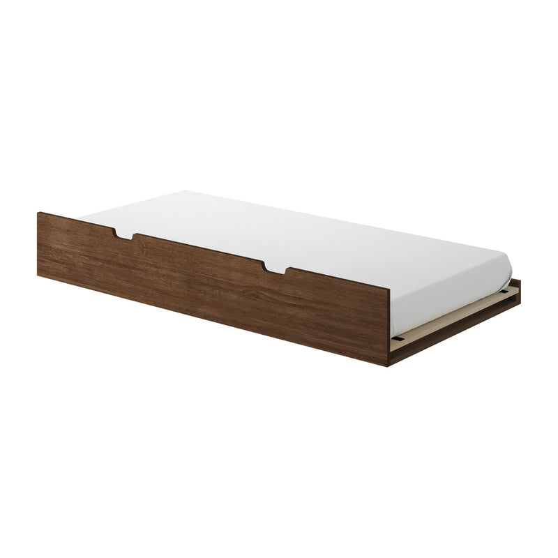 Walnut wood platform bed frame with white mattress, modern low-profile minimalist design