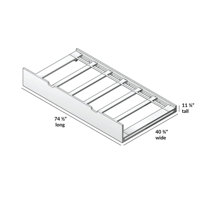 Diagram of a wooden twin platform bed frame with slat supports and headboard, showing dimensions 74 1/2 in long × 40 3/4 in wide × 11 3/4 in tall — assembly/dimension diagram for twin bed frame