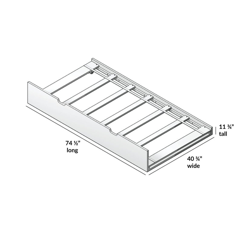 Isometric assembly diagram of a wooden slatted platform bed frame with support rails and cleats, labeled 74½″ long × 40¾″ wide × 11¾″ tall