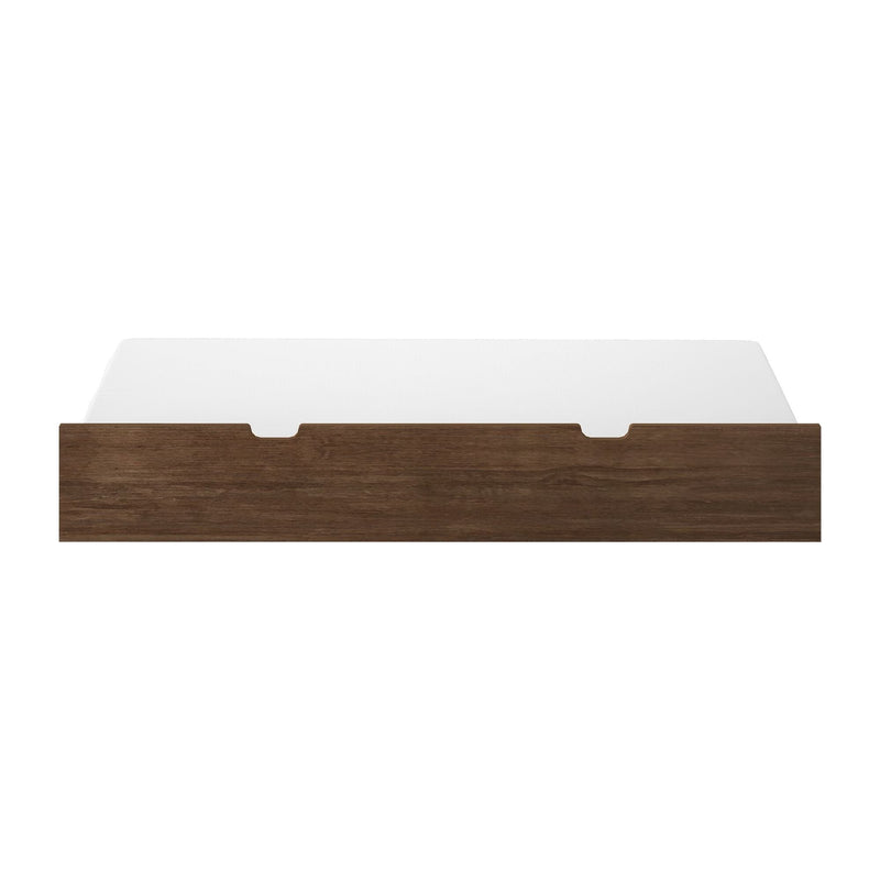 White mattress on walnut wood platform bed frame with notch cutouts, modern minimalist bedroom furniture close-up