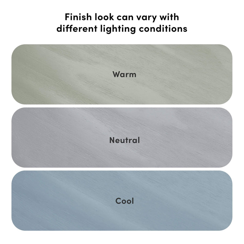 Wood finish sample swatches labeled Warm, Neutral, Cool demonstrating how wood finish appearance and color shift vary under different lighting conditions