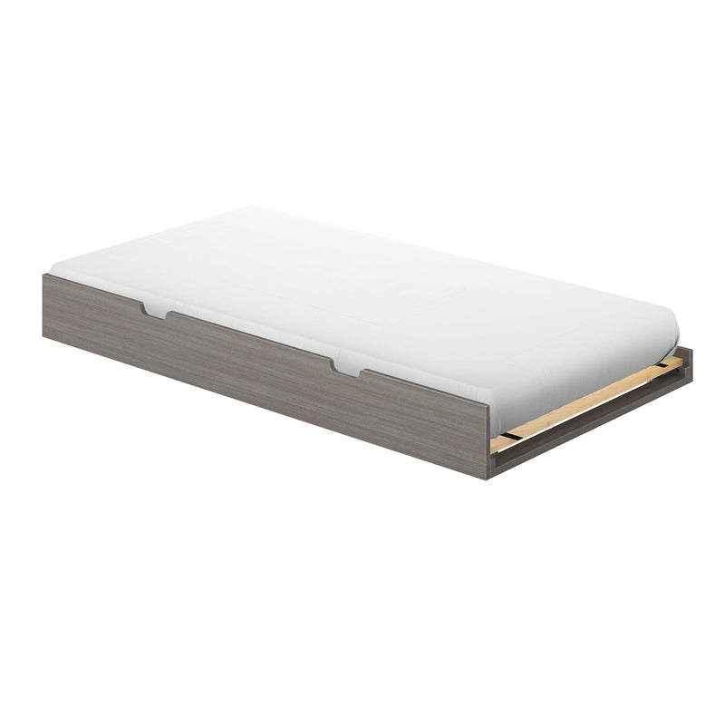 Modern gray wood twin platform bed frame with white mattress on slatted base, minimalist storage-style design for small bedrooms