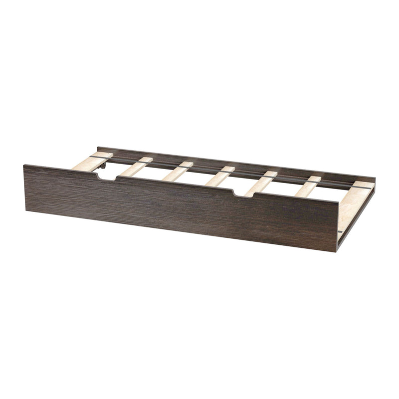 Dark wood platform bed frame with exposed wooden slats and built-in underbed storage