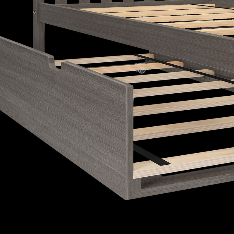 Gray wood platform bed frame with wooden slats, center support rail and hidden trundle wheel, modern storage bedroom furniture