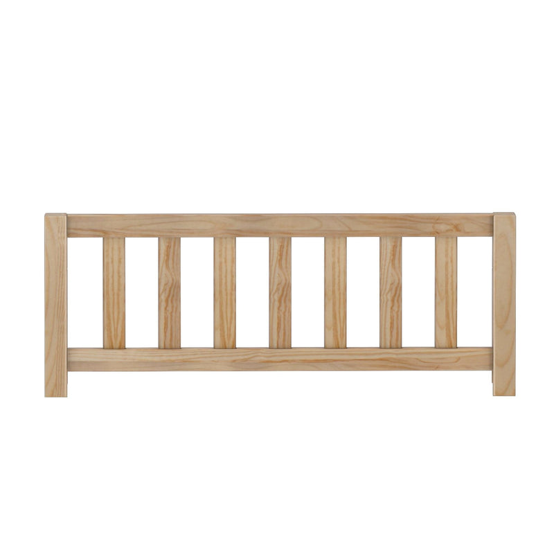 Natural light wood slatted bed footboard with vertical slats and simple farmhouse-style rails