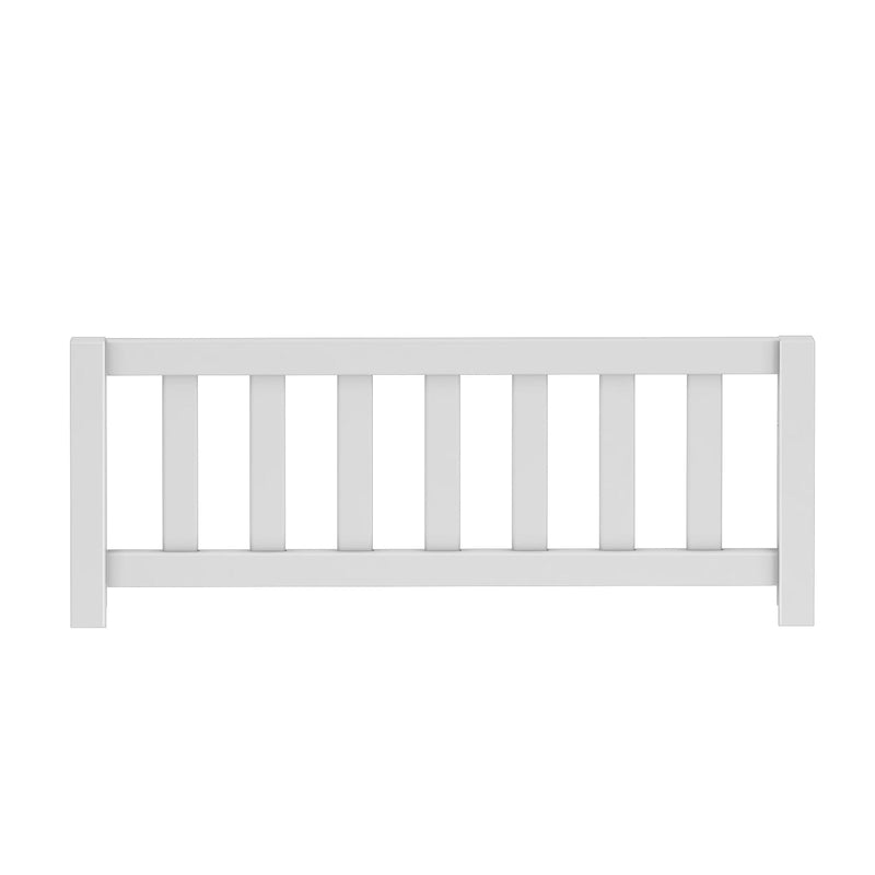 White wooden slatted fence panel with vertical pickets and square end posts, modern outdoor garden railing isolated on white background