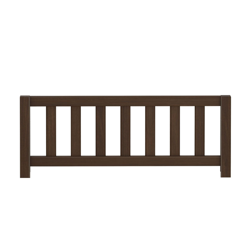 Dark brown wooden slatted bed frame footboard with vertical slats and square posts, modern farmhouse style on white background