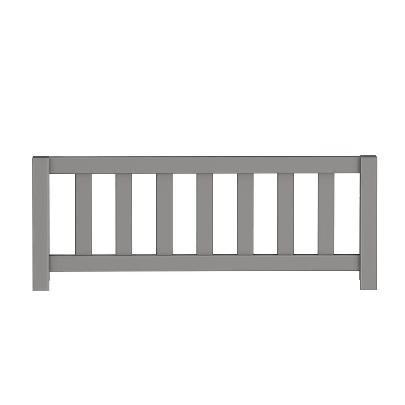 Gray wooden picket fence railing with evenly spaced vertical slats, modern outdoor garden railing for deck or porch