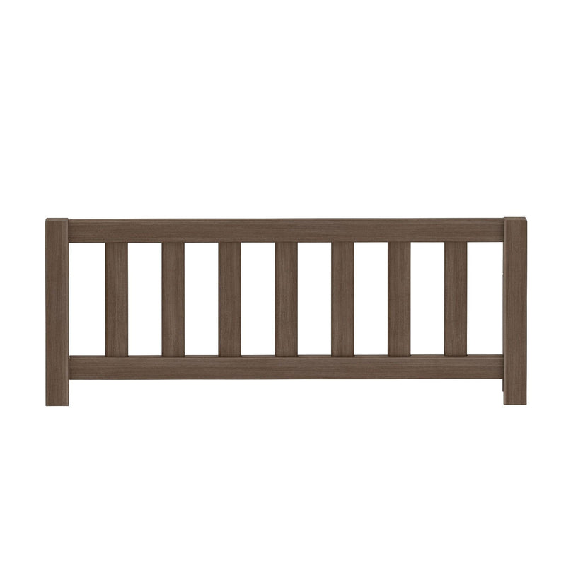 Brown wooden slatted bed headboard with vertical slats farmhouse-style panel on white background