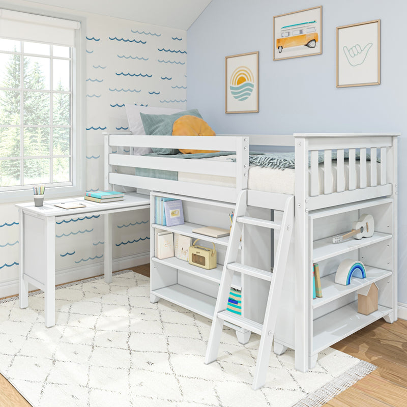 White wooden loft bed with built-in desk, open shelving and ladder in sunlit coastal-themed kids bedroom with wave wall decals, pastel pillows and framed art