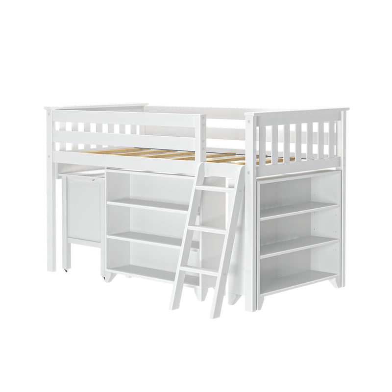 White wooden twin loft bed with built-in ladder, open shelving and drawers for kids' space-saving storage
