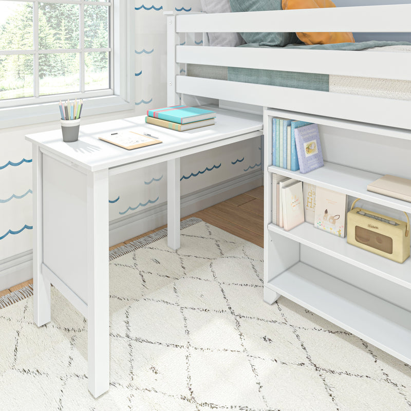 White kids loft bed with built-in desk and storage shelves by a sunny window, cozy study area with books and colored pencils