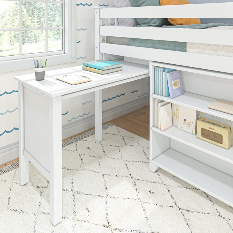 White children's loft bed with built-in desk and open shelving, window-lit study area with books, pencils and a retro radio on a patterned ivory rug