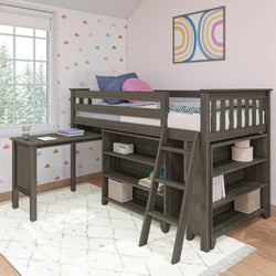 Stylish loft bed with integrated desk and storage shelves in a modern kids' bedroom.
