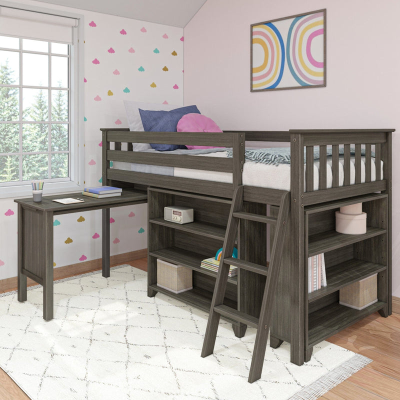 Dark wood kids loft bed with built-in desk and storage shelves in a pink girls bedroom with pastel cloud wall decals, rainbow wall art and white patterned rug