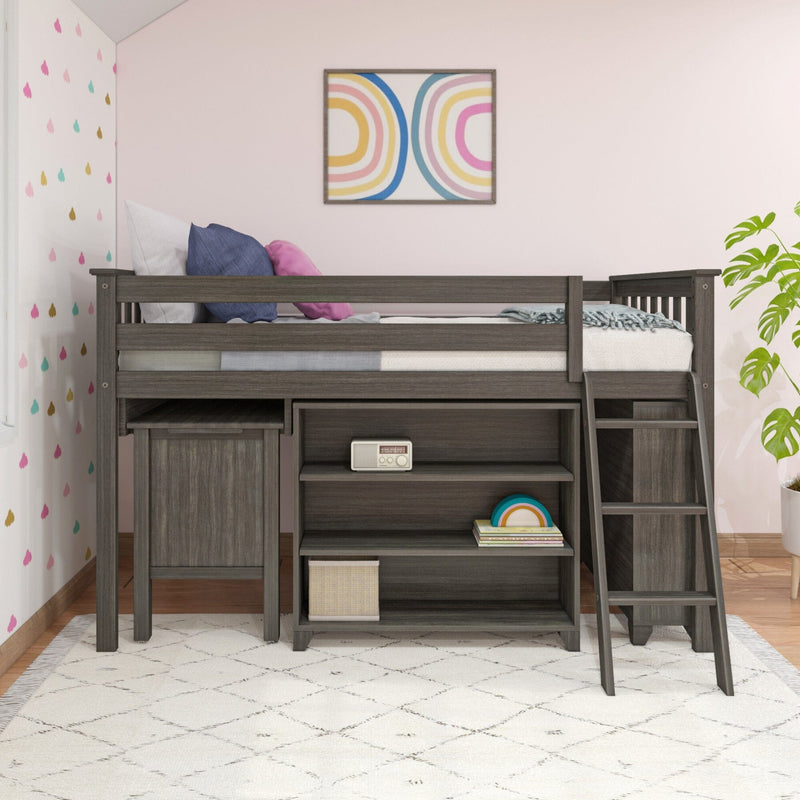 Gray wood loft bed with ladder and built-in storage in a pastel pink kids' bedroom, styled with blue and pink pillows, rainbow wall art, plant and patterned rug