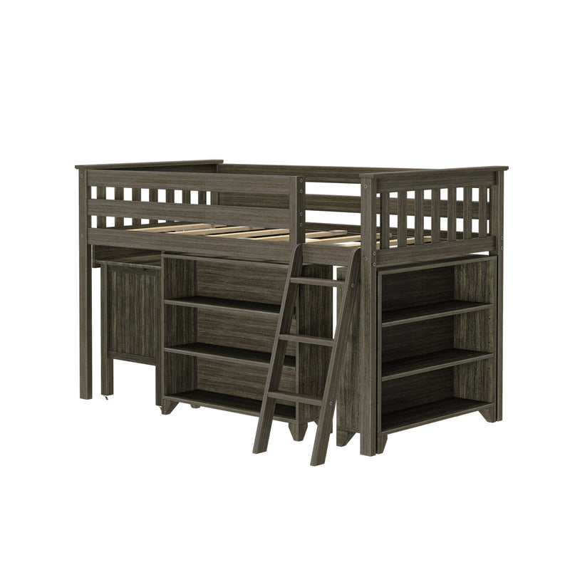 Dark gray wood twin loft bed with ladder, built-in desk, open shelving and under-bed storage drawers, space-saving modern bedroom furniture