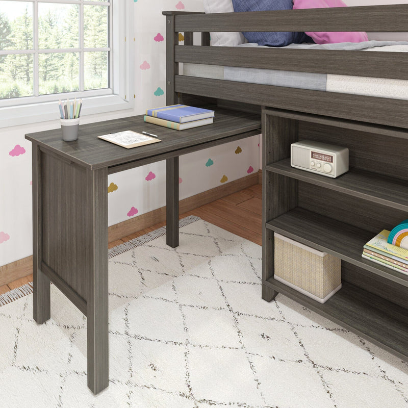 Gray wood loft bed with integrated desk, built-in shelves and storage in a kids' bedroom with books, pencil cup, radio and cloud-pattern wallpaper