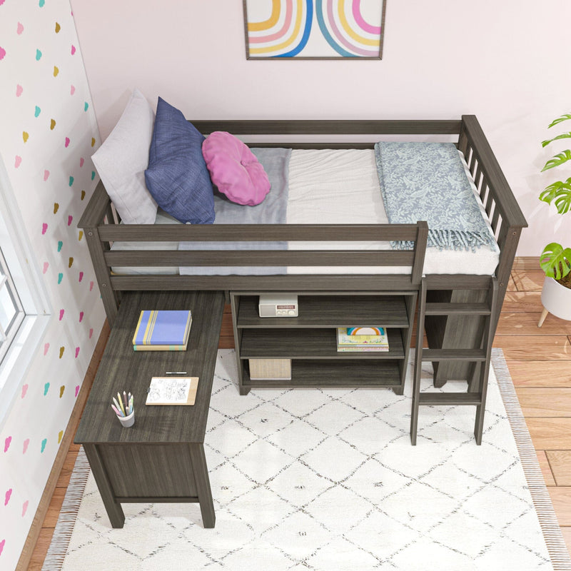 Gray wooden loft bed with built-in desk and shelving, blue pillow and pink round cushion, floral throw blanket, pastel wall decals and white patterned rug