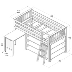 Loft bed with desk and storage dimensions diagram, showing width, length, and height for space optimization in small rooms.