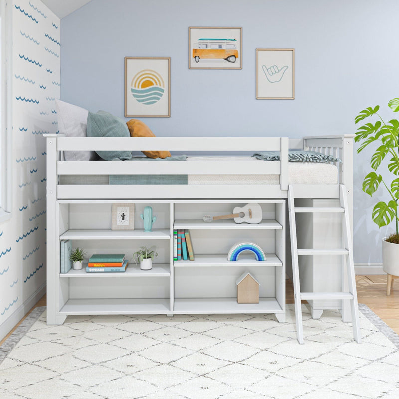 White loft bed for kids with built-in open shelves and ladder in modern pastel blue bedroom with books, toys, storage and plant