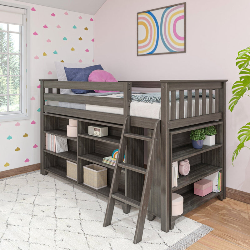 Gray wood twin loft bed with built-in storage and ladder in pink kids bedroom with cloud wall decals, colorful pillows and framed rainbow artwork