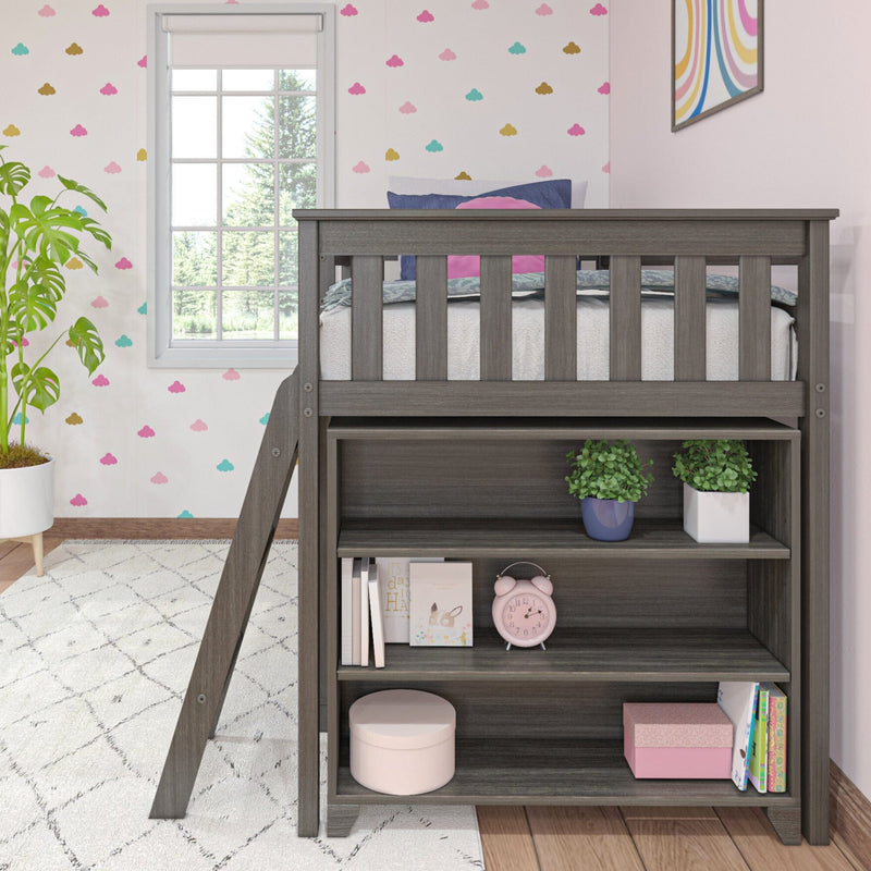 Gray wooden loft bed with built-in shelves in pastel nursery, cloud wallpaper, window light, plants, books and pink alarm clock
