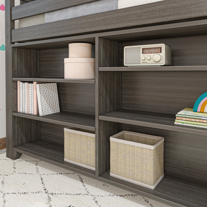 Gray wood bookshelf with woven baskets, pastel children's books, pink storage boxes and vintage radio — kids' room organizer