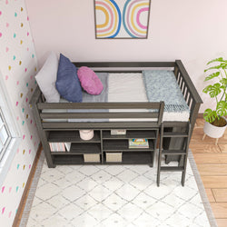Mid loft bed with built-in shelves and ladder in children's bedroom, featuring colorful decor and natural light.